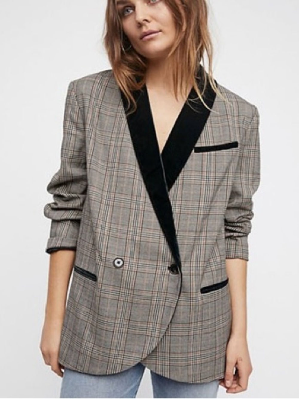 Plaid Double-Breasted Blazer with Velvet Lapel